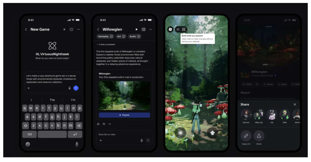 Tangkapan layar fitur Build di platform Roblox, menunjukkan perintah teks dari pengguna yang sedang diproses AI menjadi lingkungan gim 3D berwujud hutan.